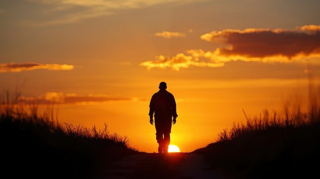 A solitary figure, rendered in a striking silhouette, walks along a tranquil path towards the vibrant, glowing disc of a magnificent sunset. The expansive sky is awash in fiery orange and golden hues,