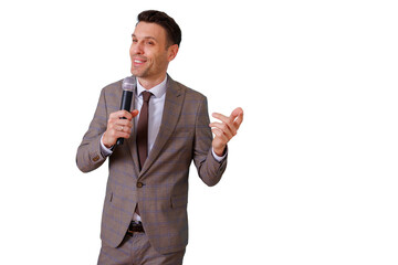 Male speaker presenting at conference, standing with microphone and gesturing, on transparent...