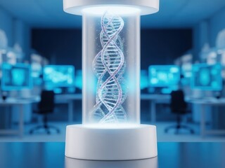 Futuristic DNA helix glowing in a high-tech laboratory with monitors displaying data