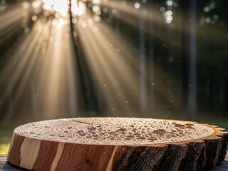 Sunbeams filter through trees onto a dew-covered wooden slice in a forest setting