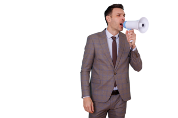 Businessman in a suit and tie shouting into a megaphone, spreading news or marketing a message. Transparent alpha channel background
