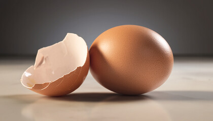 Raw egg with cracked shell on neutral background
