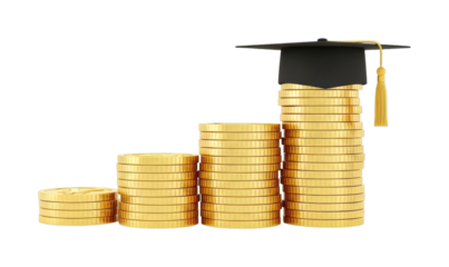 Graduation cap sits atop increasing stacks of golden coins, symbolizing the significant financial investment in higher education and future success.