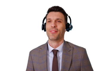 Call center agent wearing headset with microphone, providing online customer support, smiling, transparent background