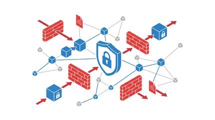 Cybersecurity concept showcasing network protection and data security with digital shield in the center isolated on white background