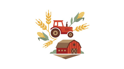 A rural illustration showcasing farming life elements featuring a tractor, barn, and crops. Depicting a scene that evokes the essence of agriculture. isolated on a white background