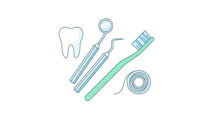 Dental tools and dental care product arranged on surface, including tooth, dental mirror, dental probe, toothbrush, dental floss isolated on a white background