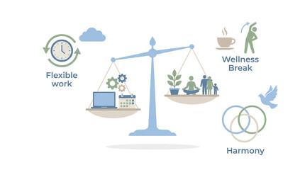 An illustration depicting the concept of work-life balance using a scale isolated on a white background
