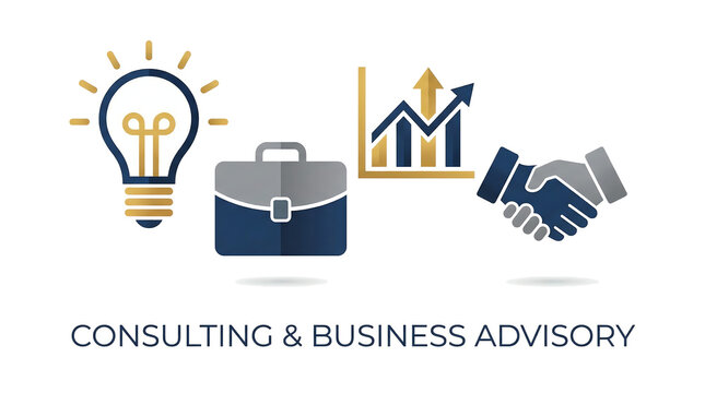 Consulting & Business Advisory Icons Illustration. An illustration representing business and consulting services, with a lightbulb, briefcase, growing chart. isolated on white background - Powered by Adobe
