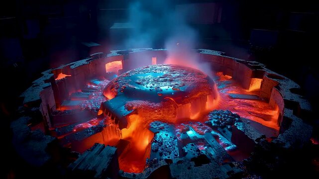 Molten core energy ring erupting from cracked ground with glowing lava heat fragments and intense cinematic lighting in dark environment