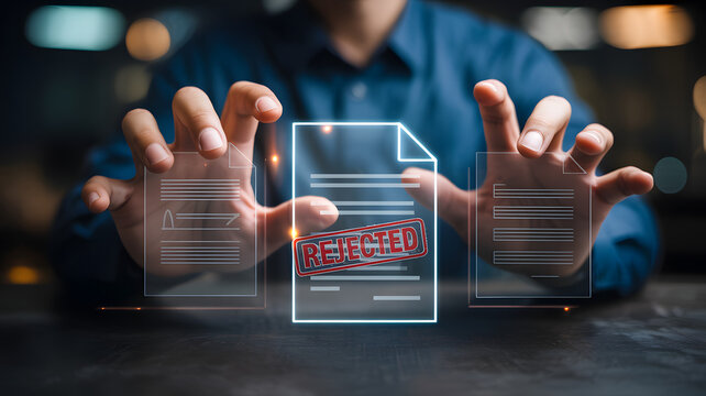 Failed Application or Rejected Contract Document Concept with Hands Reaching for Disapproved Paperwork