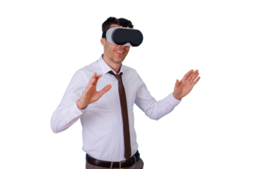 Businessman enjoying virtual reality experience, exploring metaverse innovation and digital technology, transparent background