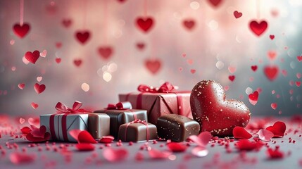 Valentine&rsquo;s Day background featuring hearts, valentines day greeting card, &ldquo;Happy Valentine&rsquo;s Day&rdquo; text, red roses, and chocolates.