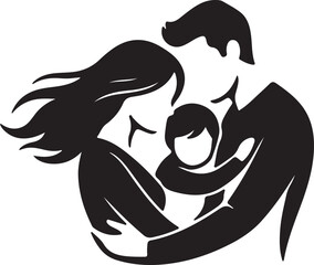 Stylized family silhouette of parents tenderly embracing their child, symbolizing love, care, unity, and protection in an iconic graphic.