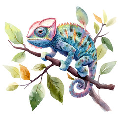 Chameleon Changing Color, refined watercolor illustration with luminous tones and soft layered brushwork, isolated on a white background. © lunaris