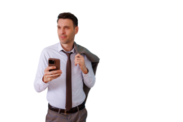 Businessman holding a smartphone and looking away, blazer over shoulder, showing communication, technology, success with transparent background