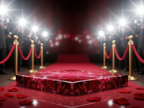 Red carpet event with flashing paparazzi lights and a marble podium for VIPs