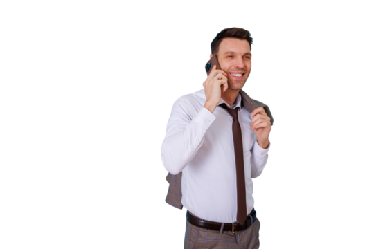 Confident businessman talking on a smartphone, smiling while holding his jacket over shoulder. Transparent background - Powered by Adobe