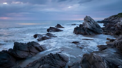 Obraz premium Rugged Rocky Coastline with Crashing Waves Under a Dramatic Cloudy Sky