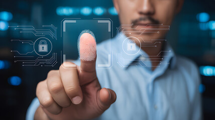 Advanced biometric fingerprint scan for cybersecurity and identity verification with digital lock icons