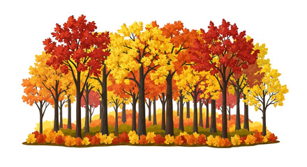 A vibrant cluster of deciduous trees displaying brilliant autumn foliage in shades of red, orange, and yellow, set against a white background.