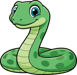 Fototapeta premium Cartoon green snake with a friendly smile, coiled and looking ahead, vibrant illustration for children's designs, playful animal character