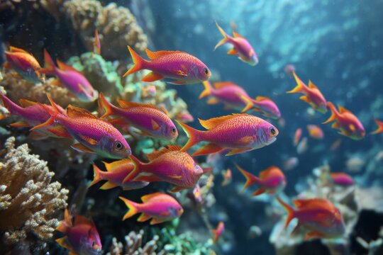 Vibrant anthias fish swim gracefully in a colorful coral reef under bright sunlight in warm tropical waters