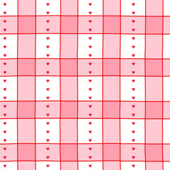 Small hearts and stripes hand drawn plaid pattern. Cute small hearts checkered girly print