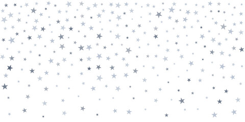 Silver stars vector background, sparkling Christmas confetti falling isolated on white. magic shining flying stars glitter backdrop, sparkle border