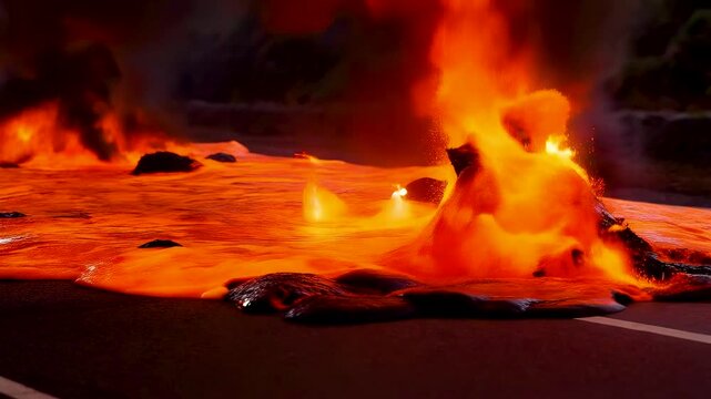 Molten lava flowing across volcanic ground with intense flames glowing heat and fiery texture under dark dramatic conditions