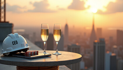 CEO celebrating IPO success above city with champagne, tablet stock chart, sunset clouds
