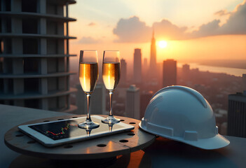 Successful IPO celebration on skyscraper rooftop with champagne, stock chart, golden city view