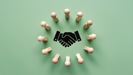 Handshake icon in the center of a circle of wooden people figures on a green background, conceptualizing teamwork, agreement, and partnership