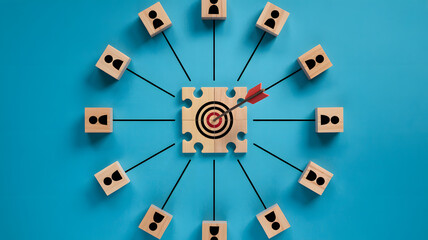 Strategic business solution and goal achievement concept with a target on a puzzle piece surrounded by target audience silhouettes