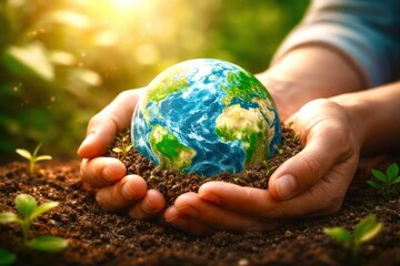 A person is holding a small globe in their hands, surrounded by dirt and plants