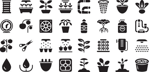 Hydroponics and indoor farming icon set. Containing water pipes, net pots, grow lights, pH meters, nutrient bottles, ventilation fans, and growing tomato plants.