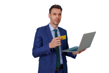 Businessman making online payment with credit card and laptop, using e-commerce for banking and internet shopping