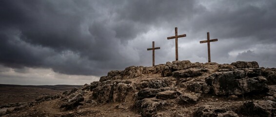 hill of calvary golgotha hill with dark cloudy sky stone
