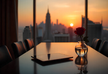 Clandestine Valentine's setup in executive boardroom after hours, long polished table reflecting dusk skyline, single red rose in crystal vase, high-end tablet showing M&A dashboard
