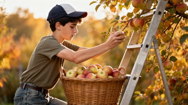 Boy harvests apples from a ladder in an orchard at sunset. He wears a cap and places ripe fruit into a woven basket. Warm golden light and autumn foliage create a calm rural harvest scene with focused