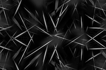 メタルの質感で白、黒、灰のモノクロの色でグラデーション効果もある複数の鋭い細長い形のオブジェクトをランダムに配置した模様の柄でデザインした背景、壁紙、テクスチャ