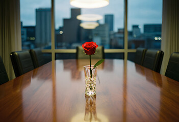 A moody, luxurious Valentine's scene in a corporate setting, perfect for advertising premium watches, fragrances, and financial services.