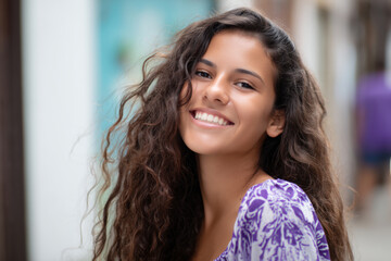 Close up portrait of a beautiful young woman with long curly hair smiling