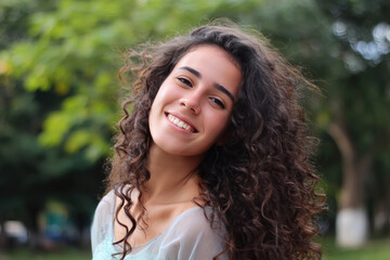 Portrait of a beautiful young woman with curly hair in a park