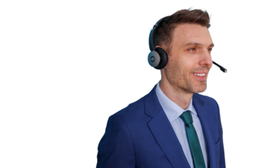 Smiling support agent wearing a headset, providing excellent customer service on transparent background