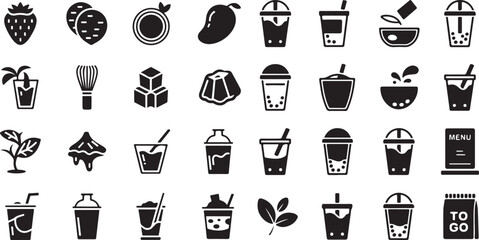 Bubble tea and dessert drink icon set. Containing boba cups, tapioca pearls, fruit flavors, jelly cubes, milk tea, straws, takeout bags, and menu boards.
