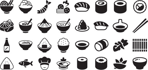 Japanese sushi and Asian cuisine icon set. Containing sushi rolls, ramen noodles, tempura shrimp, chopsticks, miso soup, onigiri rice balls, sashimi, soy sauce, and bamboo mats.
