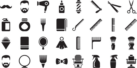 Barbershop and hair salon icon set. Containing mustaches, bearded men, hair dryers, barber poles, straight razors, scissors, combs, and styling chairs.