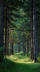 Obraz premium Lush forest scene with sunlight filtering through tall trees and green grass