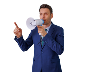 Businessman talking through a megaphone, making an announcement, spreading news, communicating important information, transparent background
